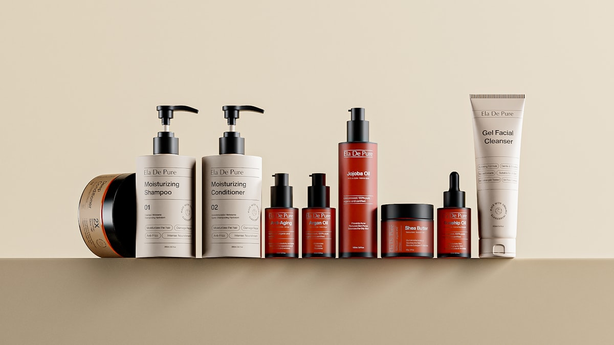 Organized skincare products arranged on white marble